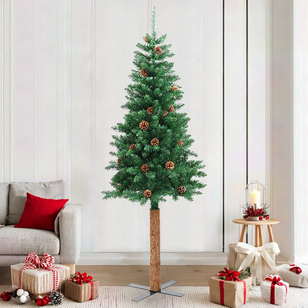 Sapin de Noël mince avec bois véritable et cônes vert 210cm PVC - XIOS