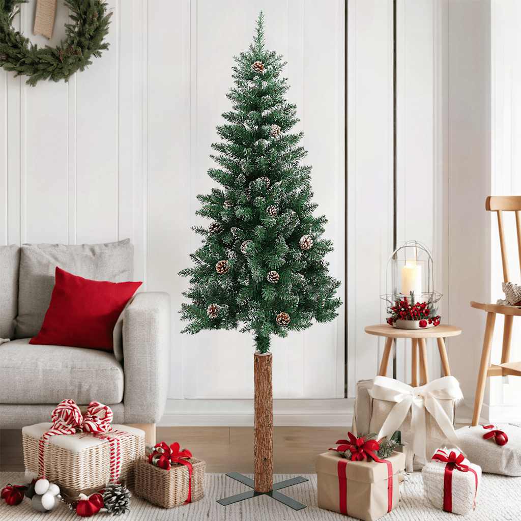 Sapin de Noël mince bois véritable et neige blanche vert 150 cm - XIOS