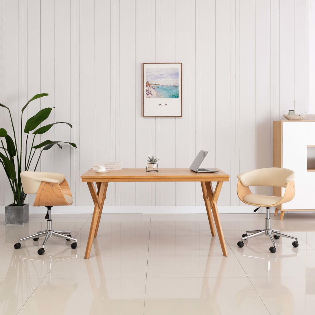 Chaise pivotante de bureau Crème Bois courbé et similicuir XIOS
