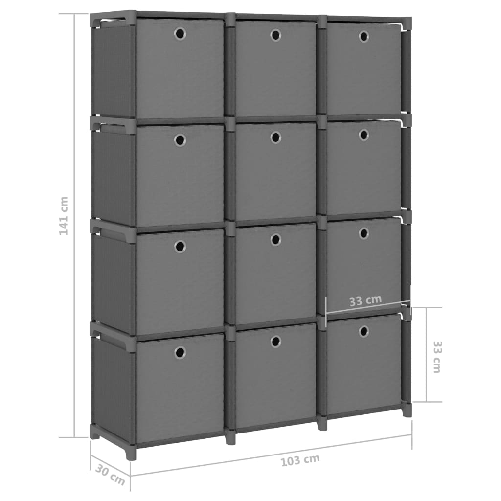 Étagère à 12 cubes avec boîtes Gris 103x30x141 cm Tissu Bibliothèques vidaXL