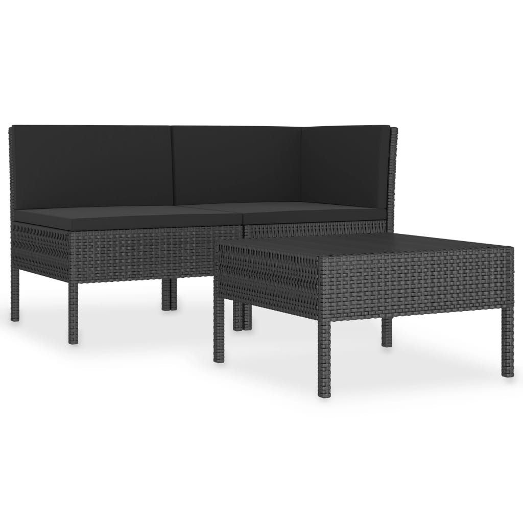 Salon de jardin 3 pcs avec coussins Résine tressée Noir