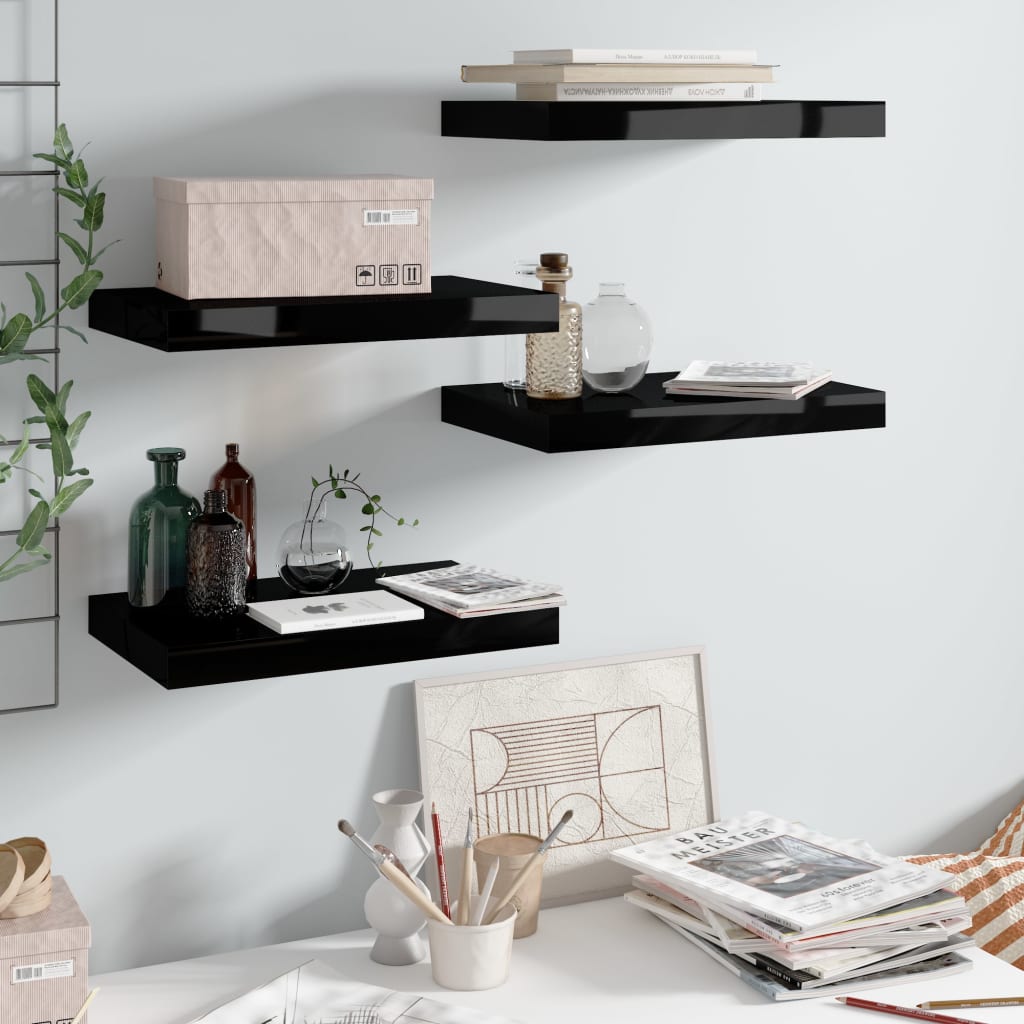 Étagère murale flottante 4 pcs Noir brillant 40x23x3,8 cm MDF - XIOS