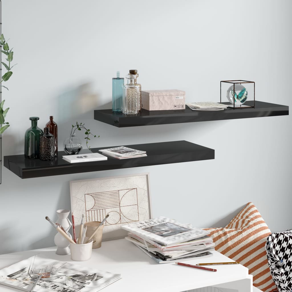 Étagère murale flottante 2 pcs Noir brillant 80x23,5x3,8 cm MDF - XIOS