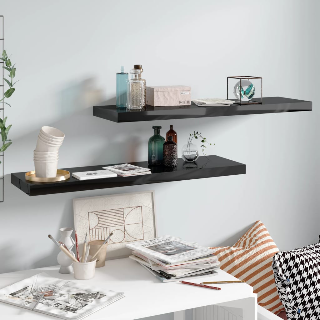 Étagère murale flottante 2 pcs Noir brillant 90x23,5x3,8 cm MDF - XIOS