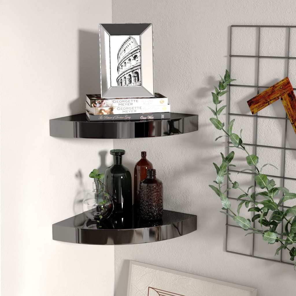 Étagères d'angle flottantes 2pcs noir brillant 25x25x3,8cm MDF - XIOS
