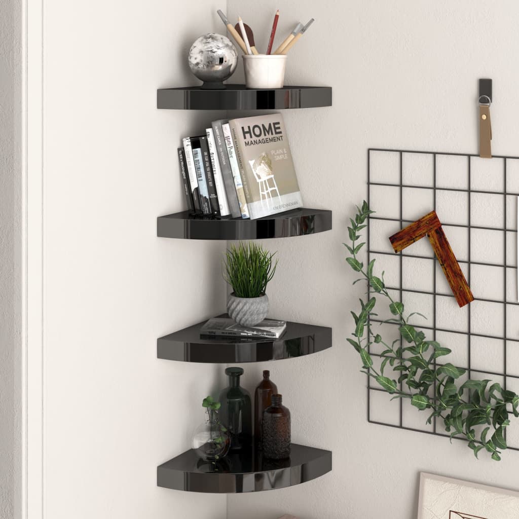 Étagères d'angle flottantes 4 pcs noir brillant 25x25x3,8cm MDF - XIOS