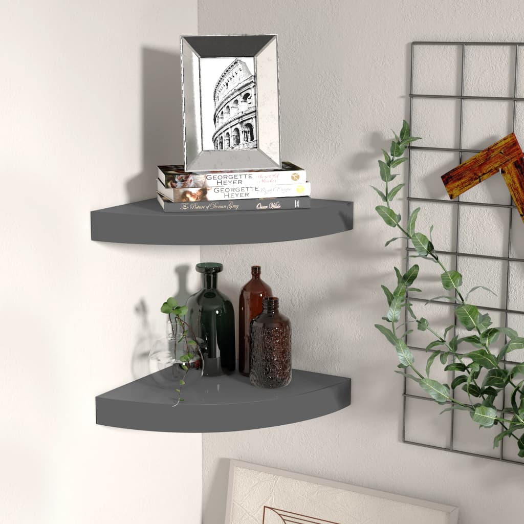 Étagères d'angle flottantes 2pcs gris brillant 25x25x3,8cm MDF - XIOS