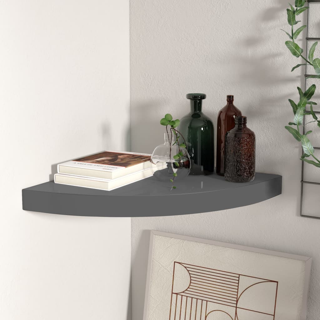 Étagère d'angle flottante gris brillant 35x35x3,8 cm MDF - XIOS