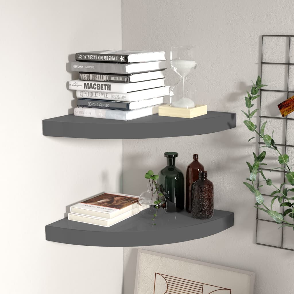 Étagères d'angle flottantes 2pcs gris brillant 35x35x3,8 cm MDF - XIOS