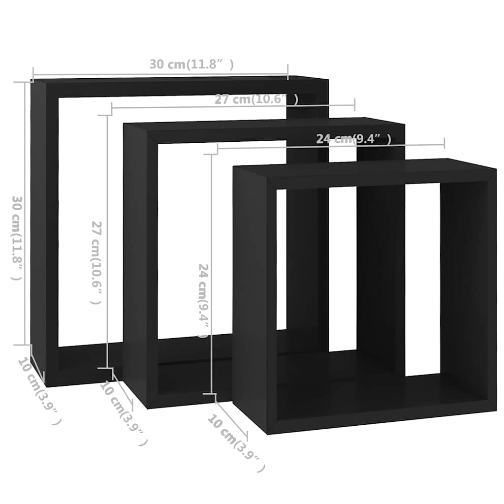 Étagères murales sous forme de cube 3 pcs Noir MDF - XIOS