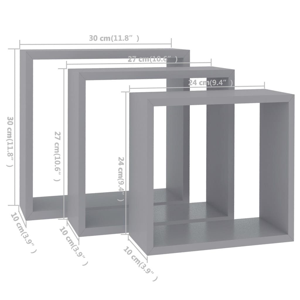 Étagères murales sous forme de cube 3 pcs Gris MDF - XIOS