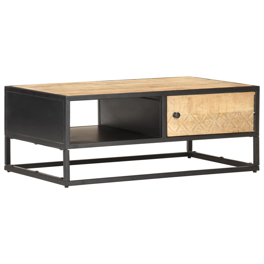 Table basse à porte sculptée 90x55x36 cm Bois de manguier brut - XIOS