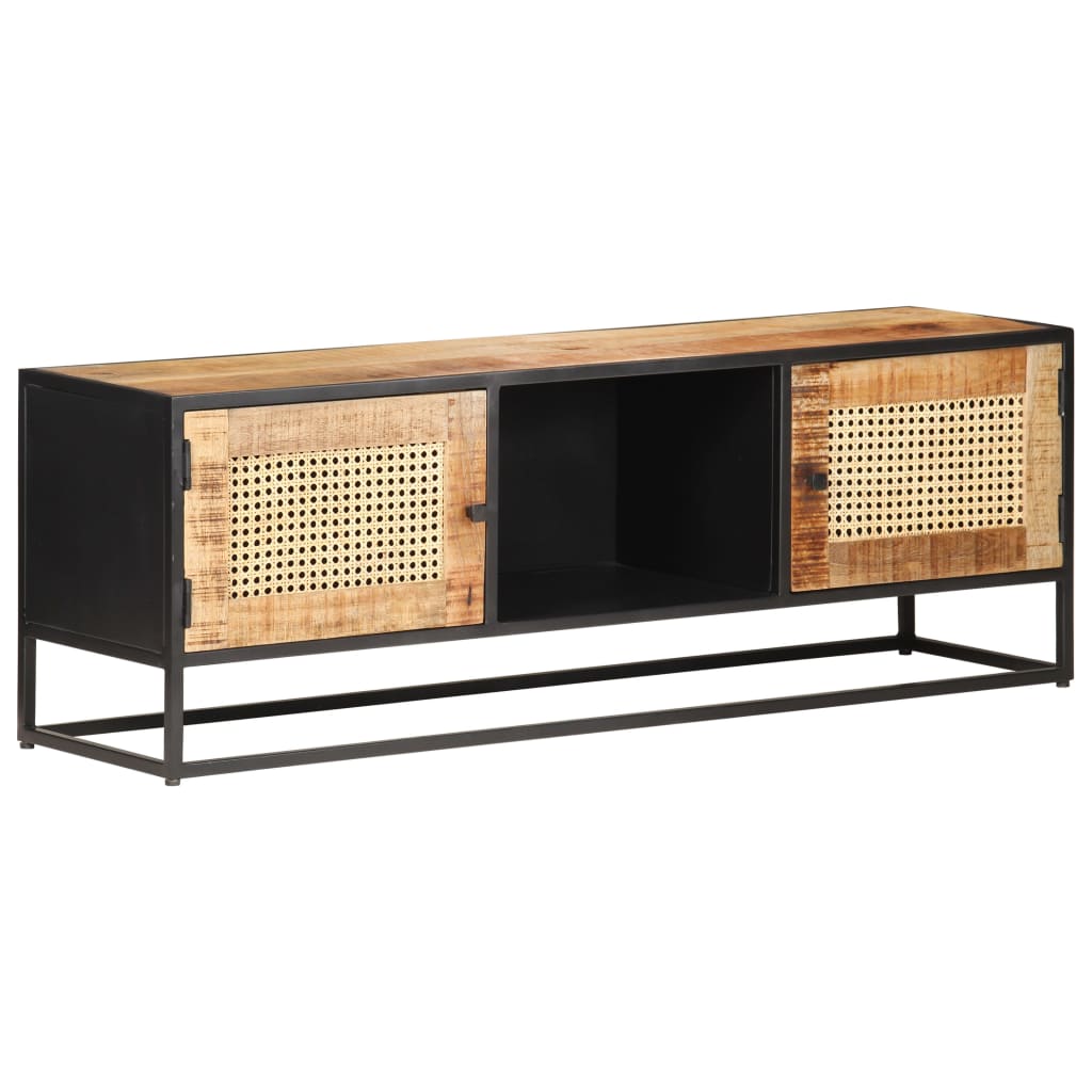 Meuble TV 120x30x40 cm Bois de manguier brut et canne naturelle - XIOS