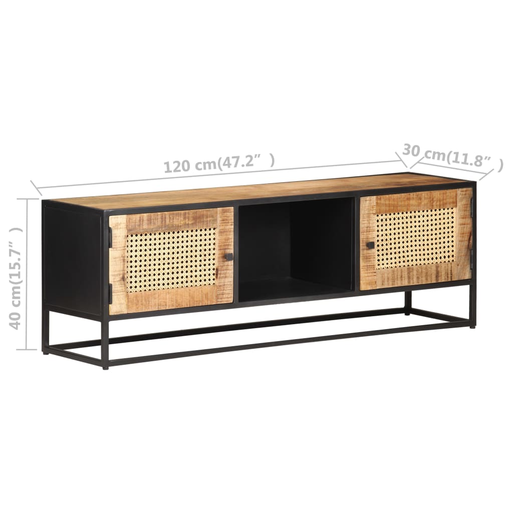 Meuble TV 120x30x40 cm Bois de manguier brut et canne naturelle - XIOS