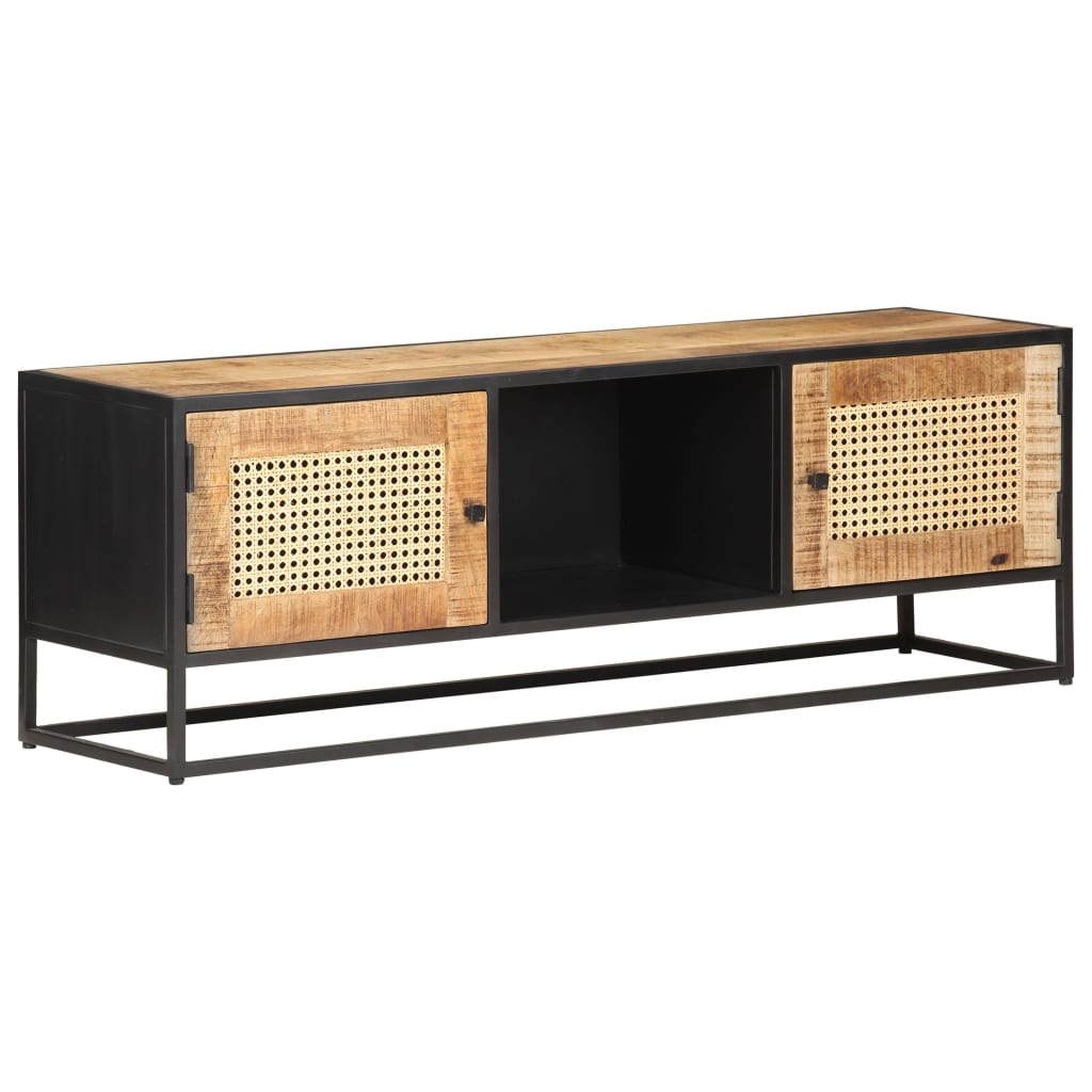 Meuble TV 120x30x40 cm Bois de manguier brut et canne naturelle - XIOS