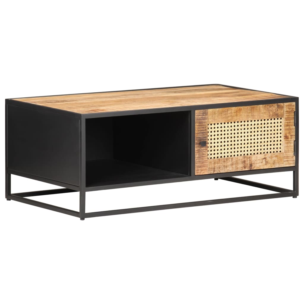 Table basse 90x50x35cm Bois de manguier brut et canne naturelle - XIOS