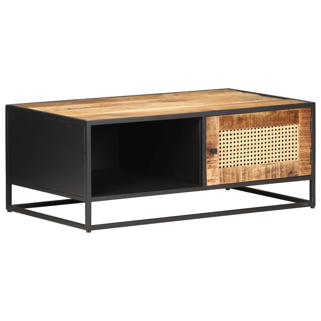 Table basse 90x50x35cm Bois de manguier brut et canne naturelle - XIOS