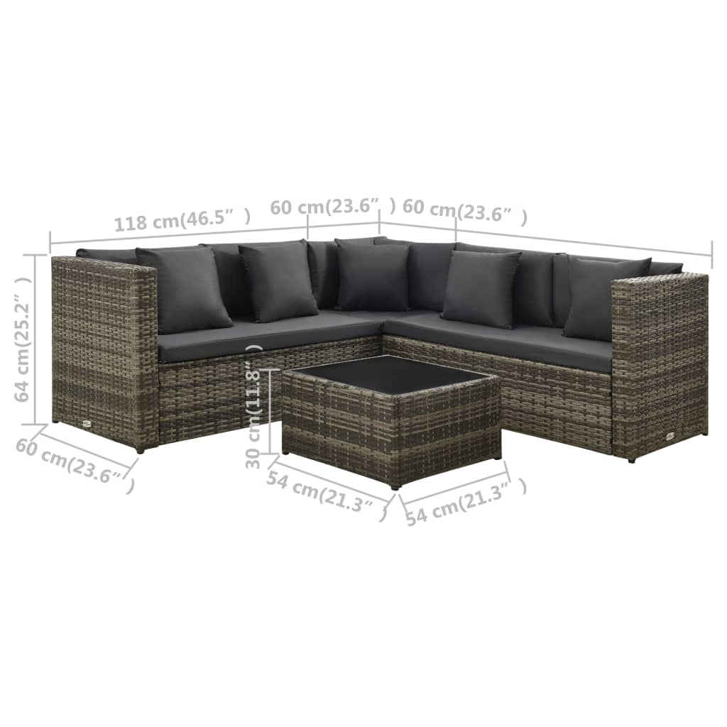 Salon de jardin 4 pcs avec coussins résine tressée gris