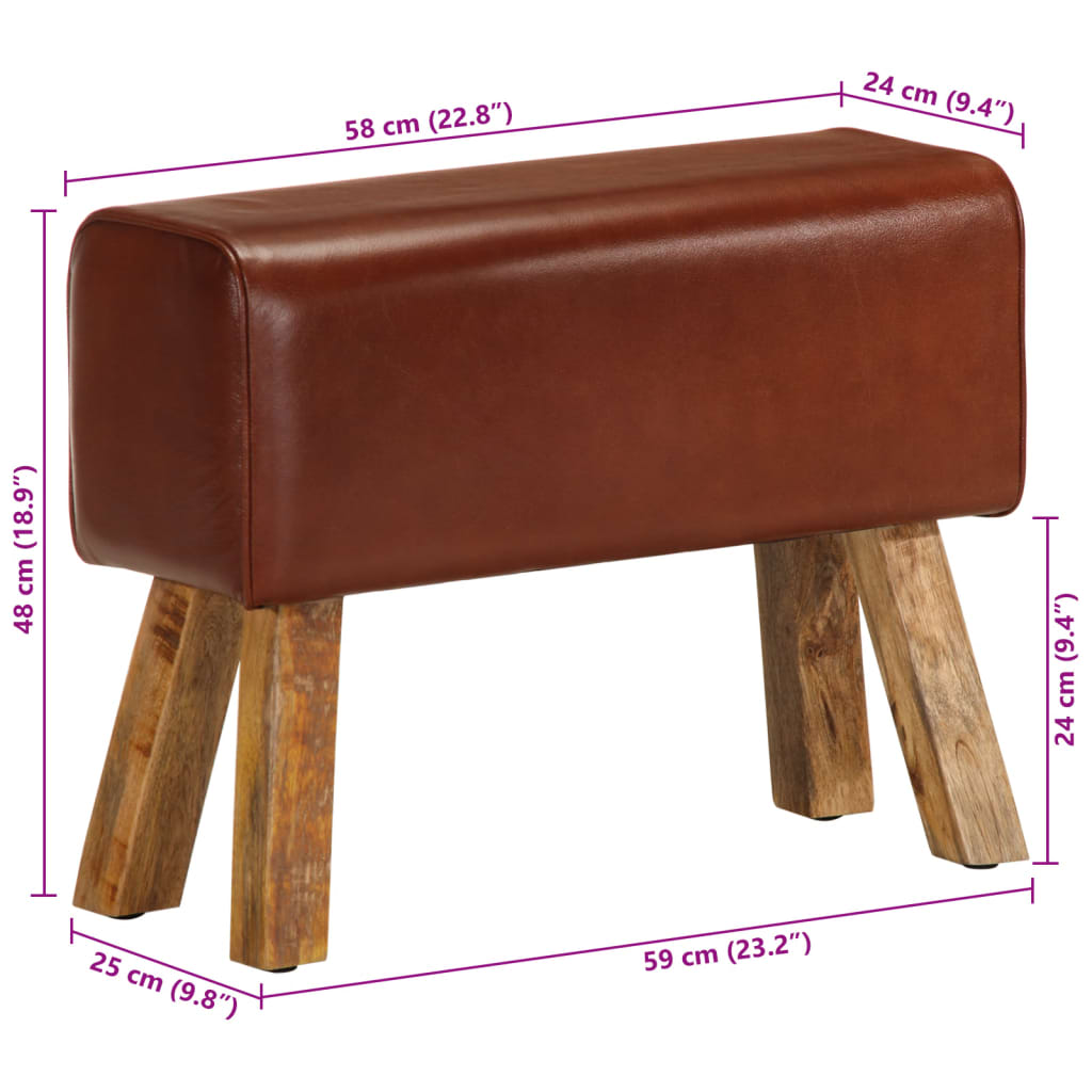 Banc saut de cheval 58 cm marron cuir véritable et manguier - XIOS