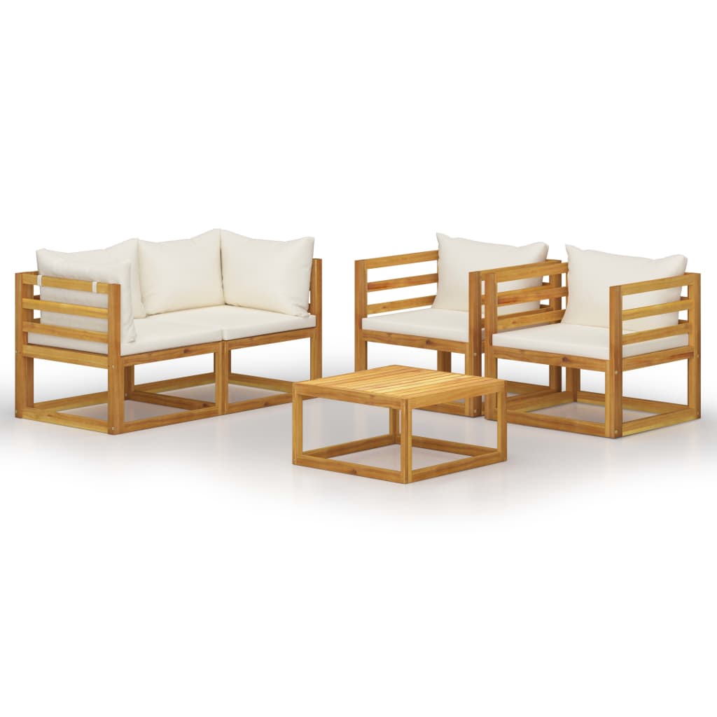 Salon de jardin 5 pcs avec coussin Crème Bois d'acacia solide