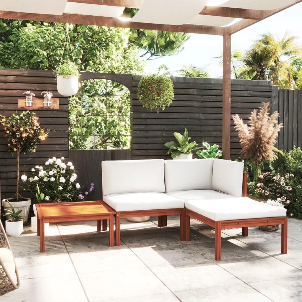 Salon de jardin 4 pièces avec coussins, bois d'acacia crème et corde