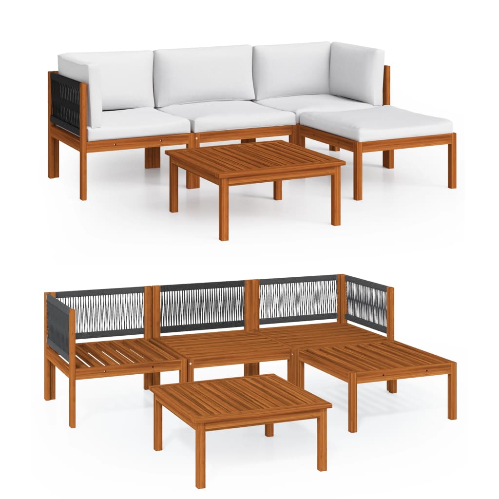 Salon de jardin 5 pièces avec coussins, bois d'acacia crème et corde