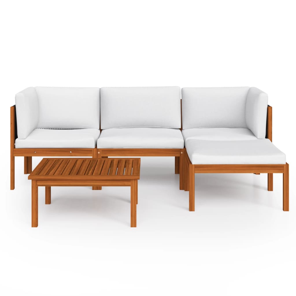 Salon de jardin 5 pièces avec coussins, bois d'acacia crème et corde
