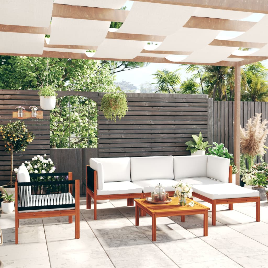 Salon de jardin 6 pièces avec coussins, bois d'acacia crème et corde