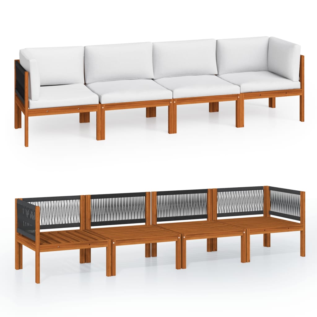 Canapé de jardin 4 places avec coussin en bois d'acacia et corde