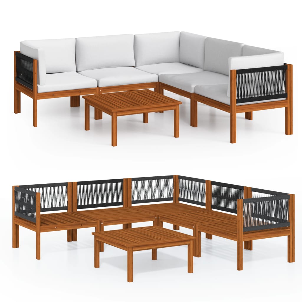 Salon de jardin 6 pièces avec coussins, bois d'acacia crème et corde