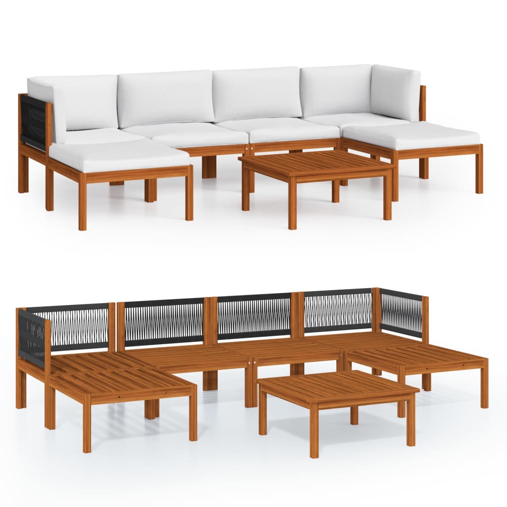 Salon de jardin 7 pièces avec coussins, bois d'acacia crème et corde