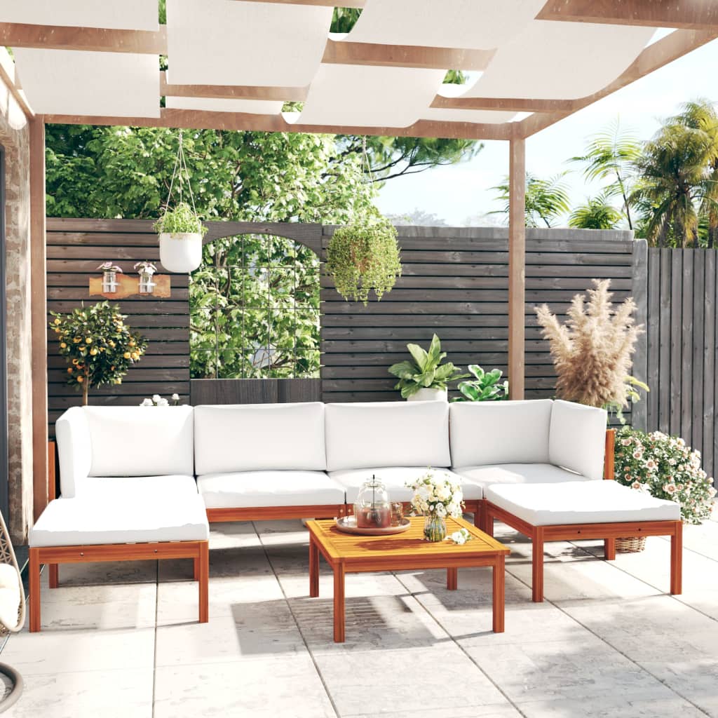 Salon de jardin 7 pièces avec coussins, bois d'acacia crème et corde