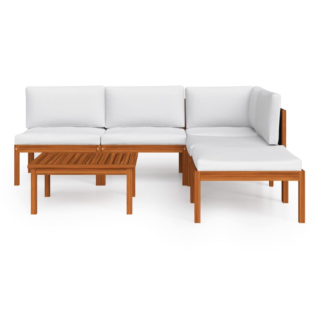 Salon de jardin 6 pièces avec coussins, bois d'acacia crème et corde