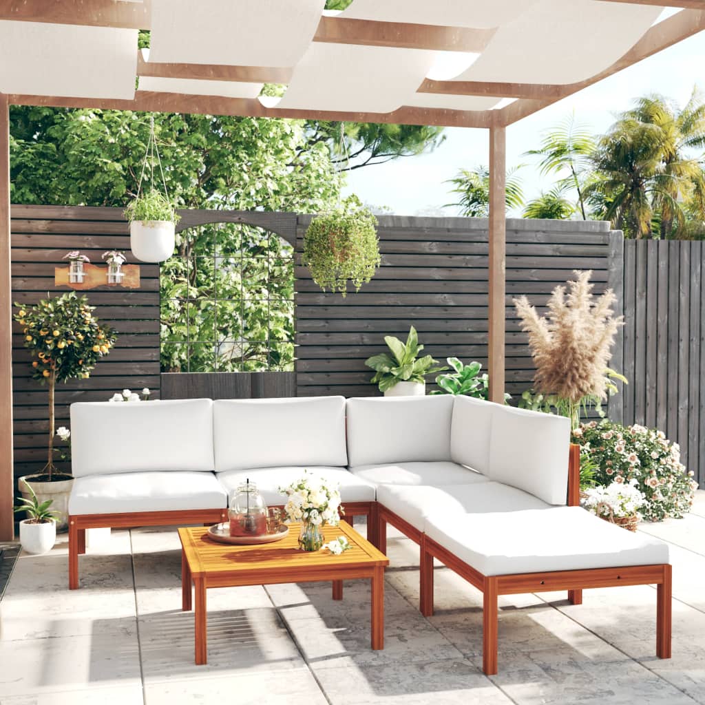 Salon de jardin 6 pièces avec coussins, bois d'acacia crème et corde