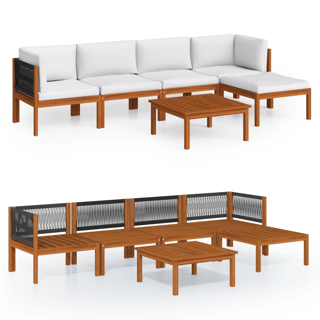 Salon de jardin 6 pièces avec coussins, bois d'acacia crème et corde