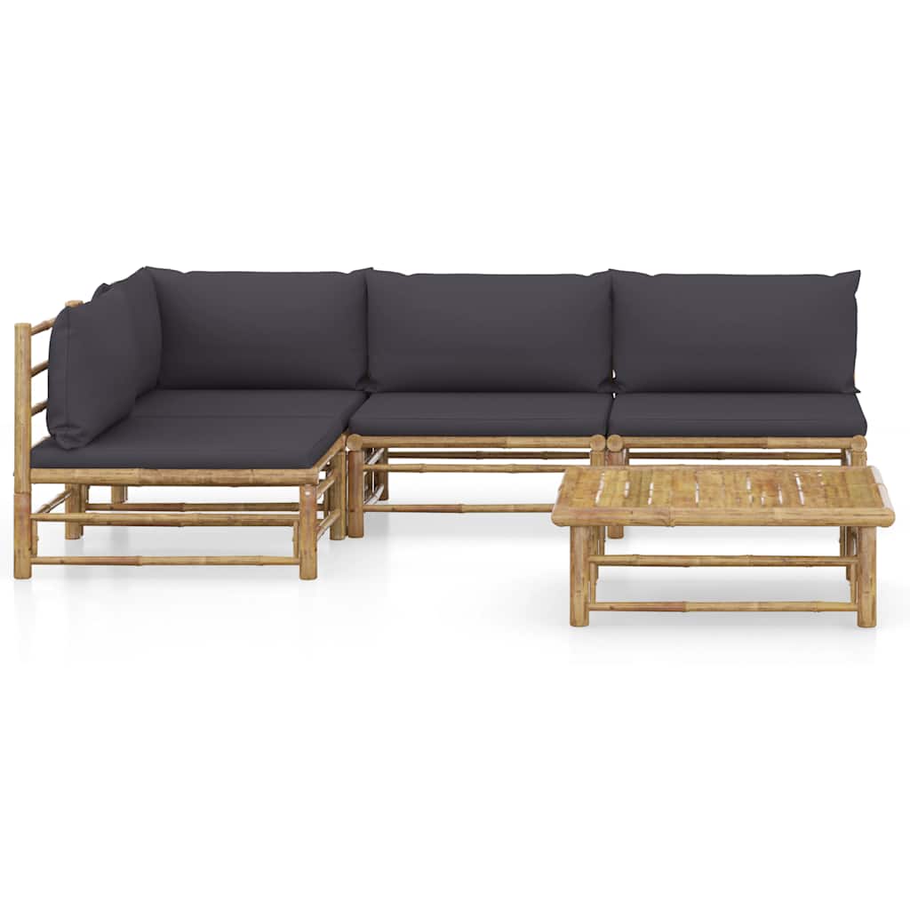 Salon de jardin 5 pcs avec coussins gris foncé bambou