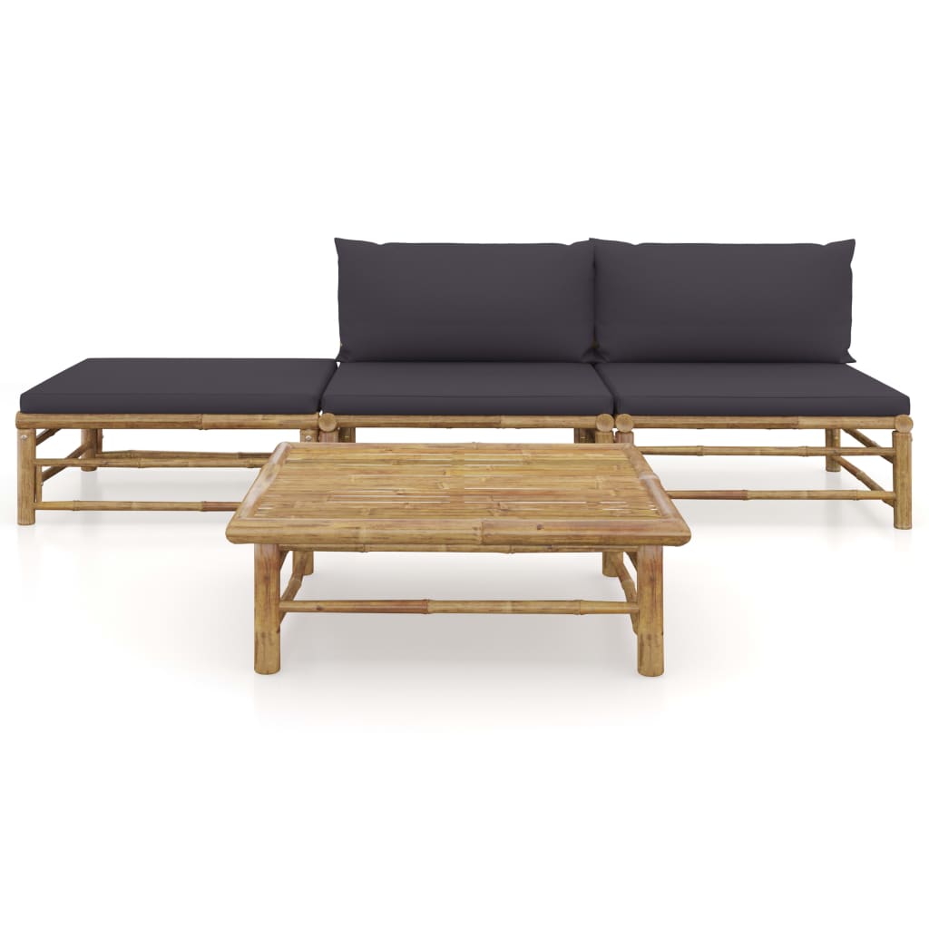 Salon de jardin 4 pcs avec coussins gris foncé bambou