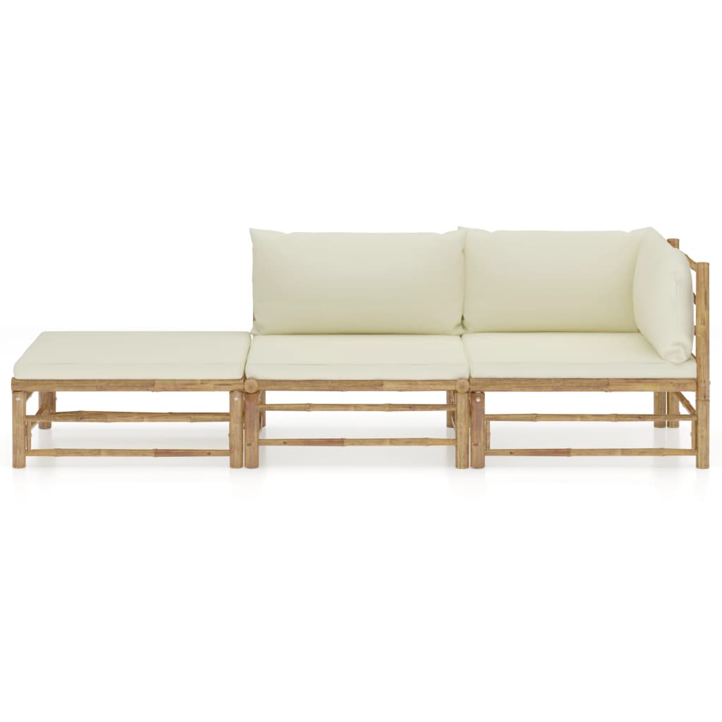 Salon de jardin 3 pcs avec coussins blanc crème bambou