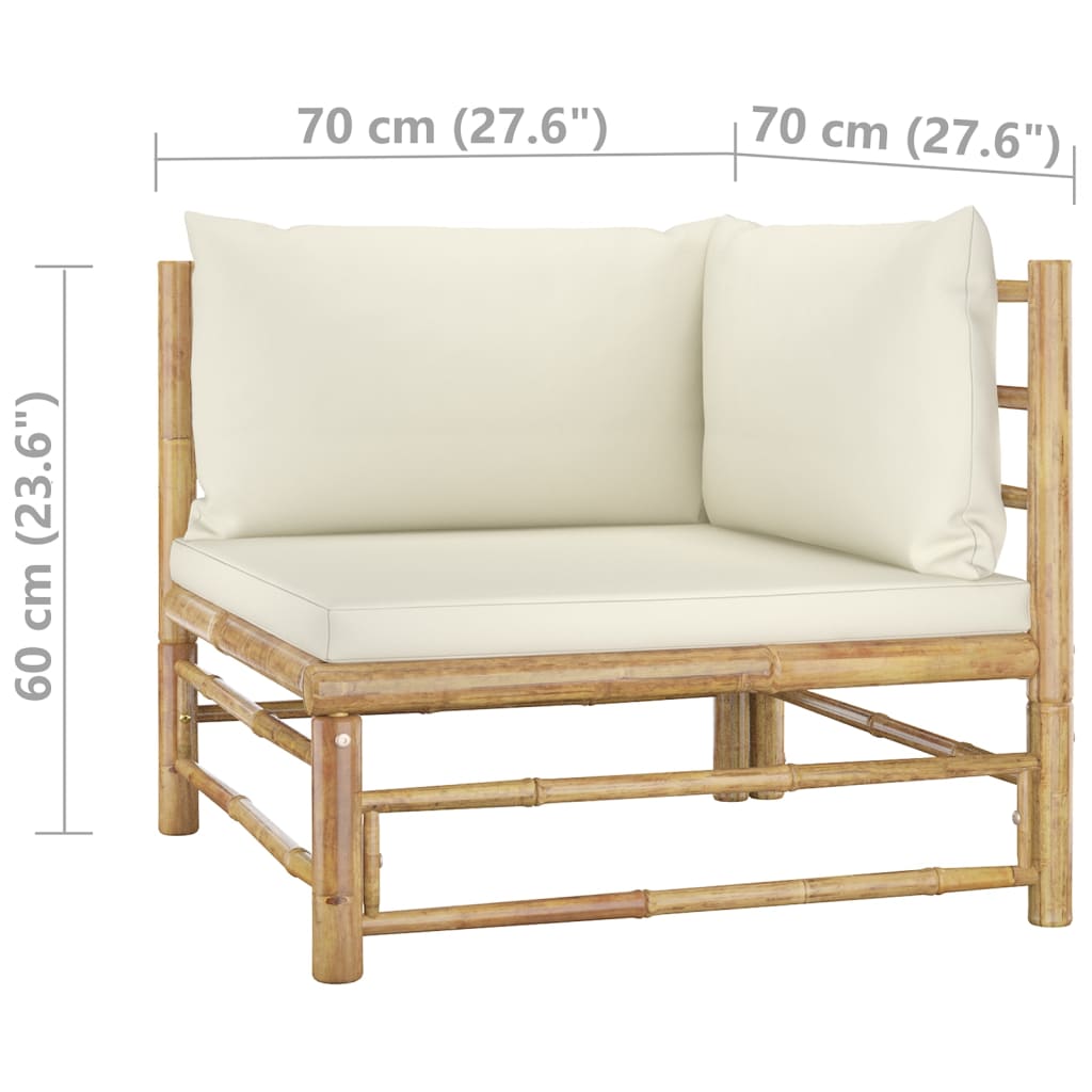 Salon de jardin 3 pcs avec coussins blanc crème bambou