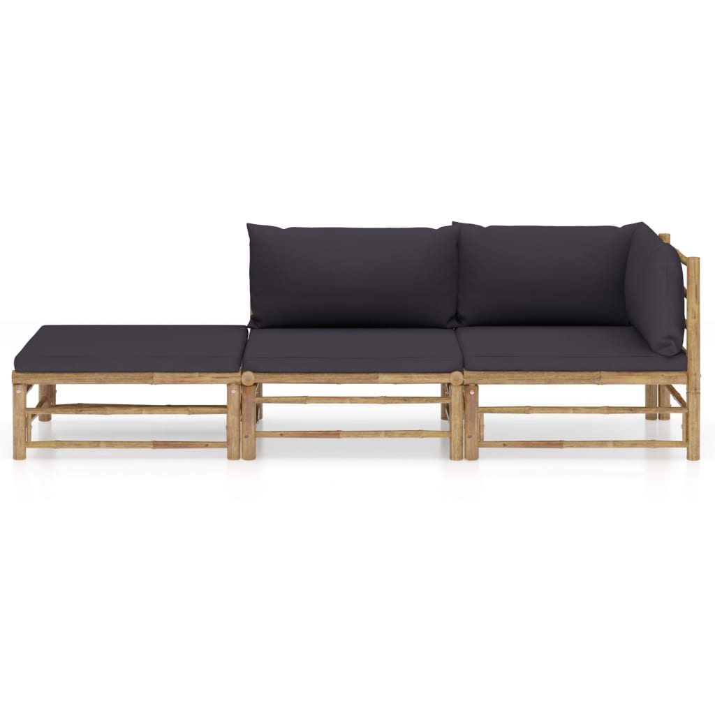 Salon de jardin 3 pcs avec coussins gris foncé bambou