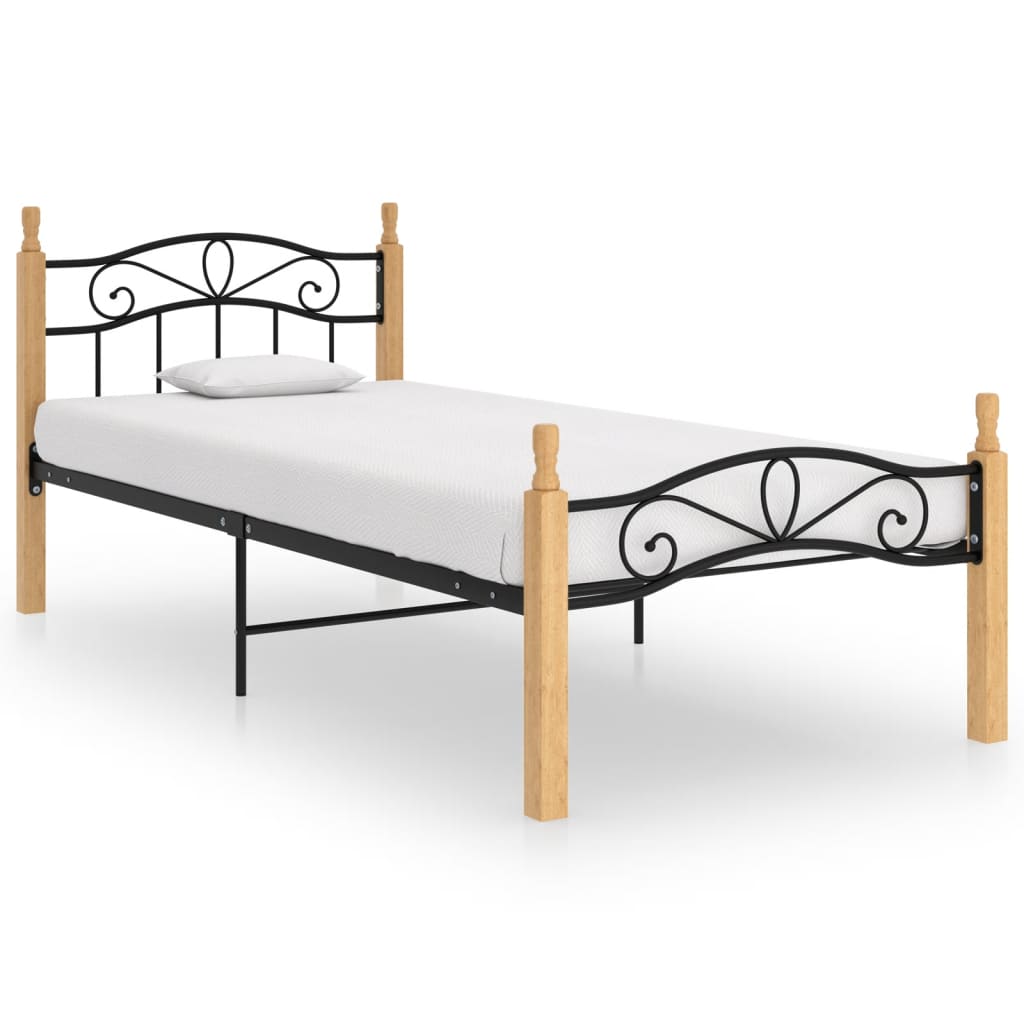 Cadre de lit sans matelas noir métal bois chêne massif 90x200cm - XIOS