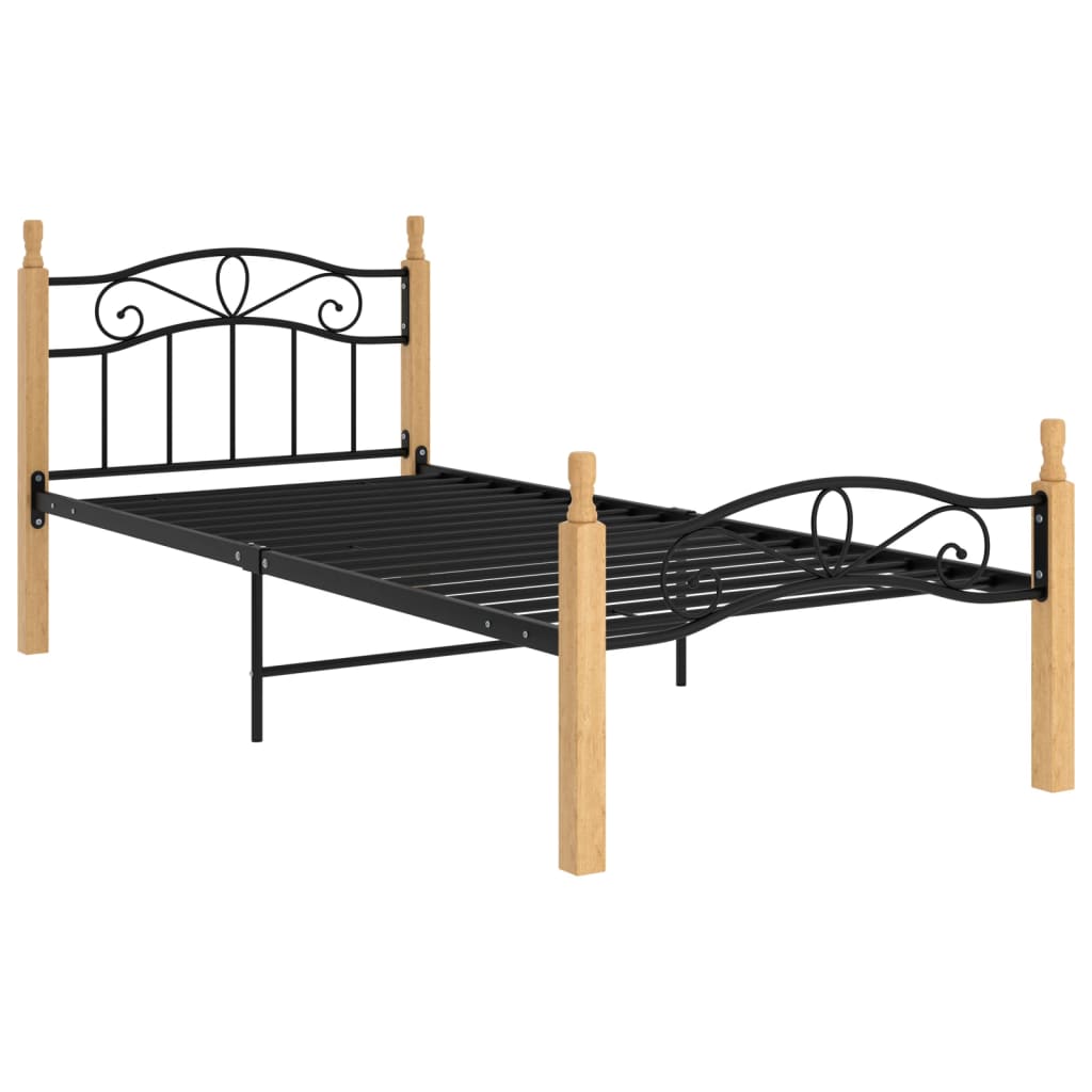 Cadre de lit sans matelas noir métal bois chêne massif 90x200cm - XIOS