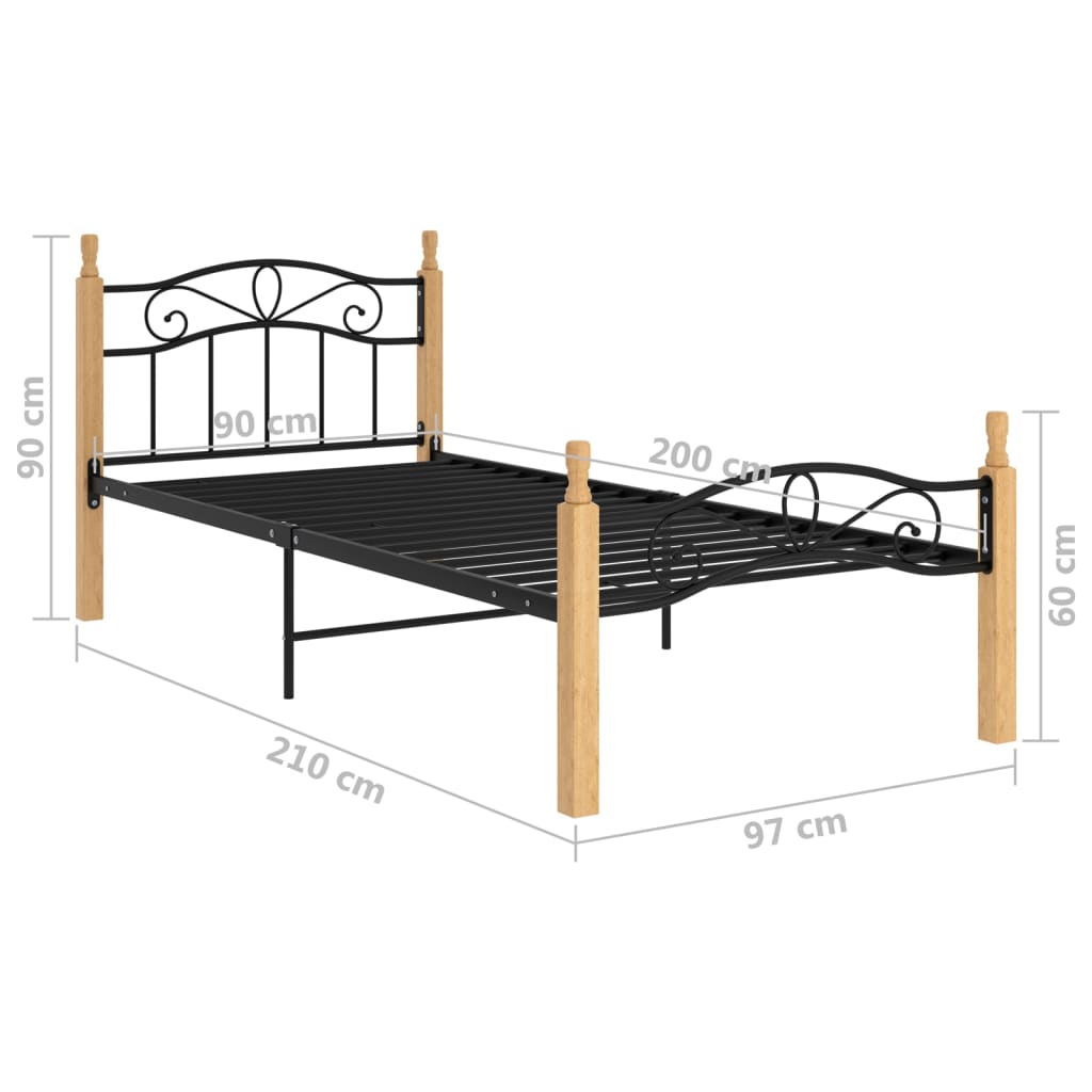 Cadre de lit sans matelas noir métal bois chêne massif 90x200cm - XIOS