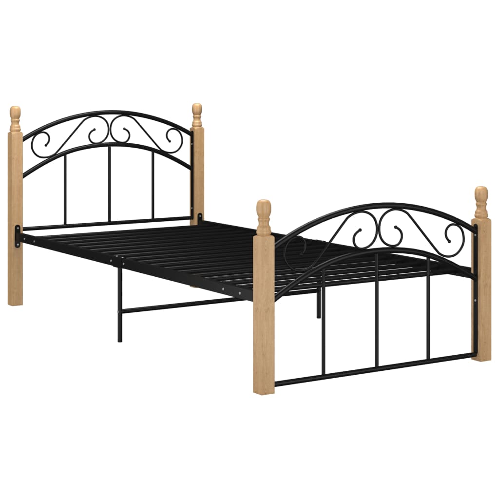 Cadre de lit sans matelas noir métal bois chêne massif 90x200cm - XIOS