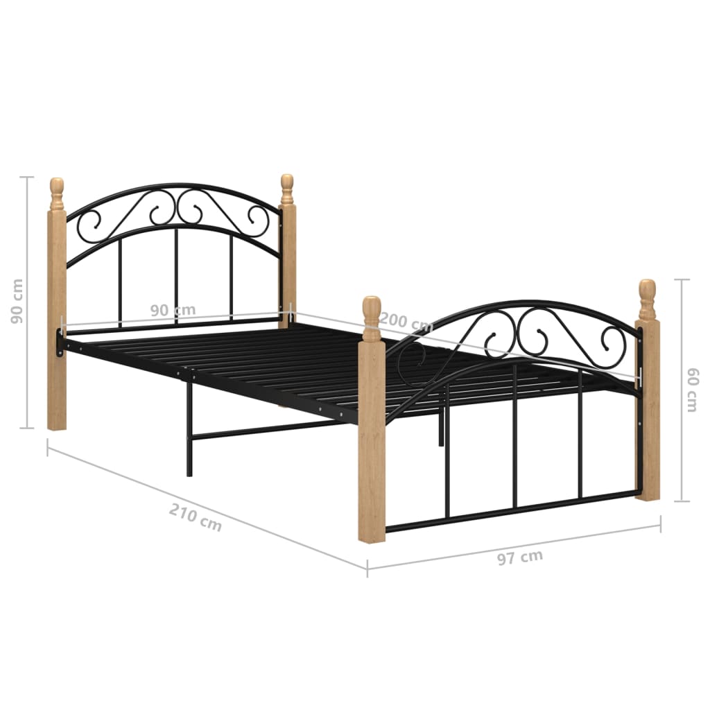 Cadre de lit sans matelas noir métal bois chêne massif 90x200cm - XIOS