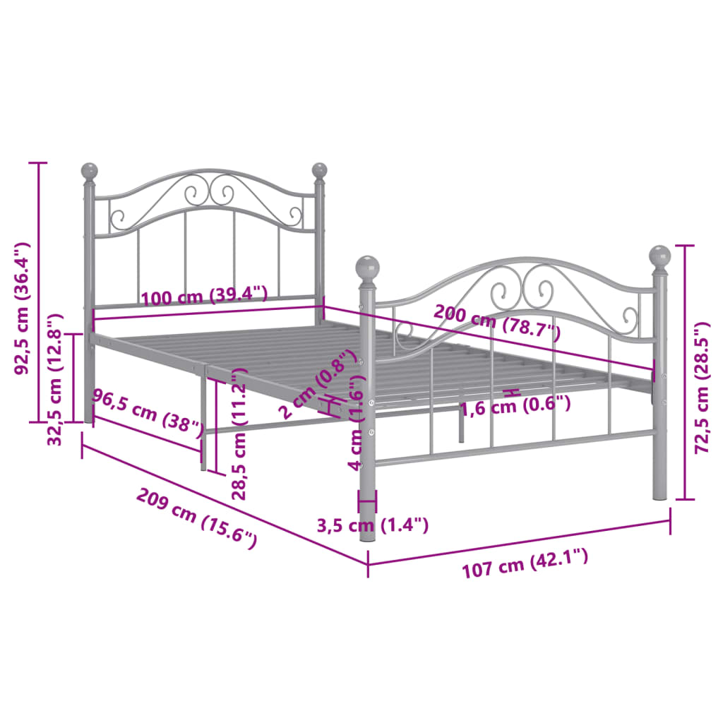 Cadre de lit sans matelas gris métal 100x200 cm - XIOS