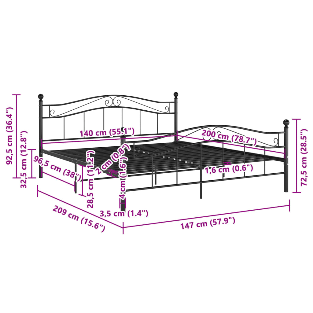 Cadre de lit sans matelas noir métal 140x200 cm - XIOS