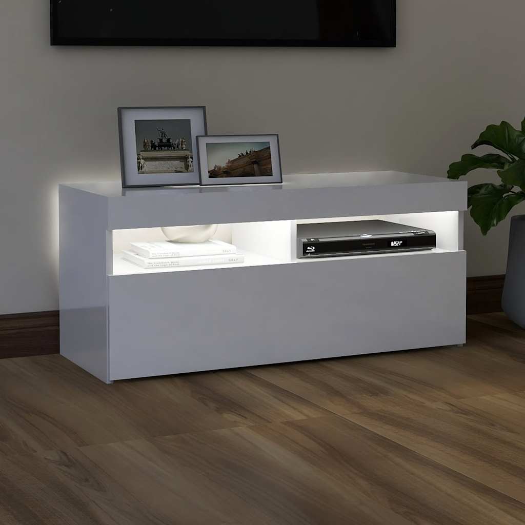 Meuble TV avec lumières LED blanc brillant 90x35x40 cm - XIOS
