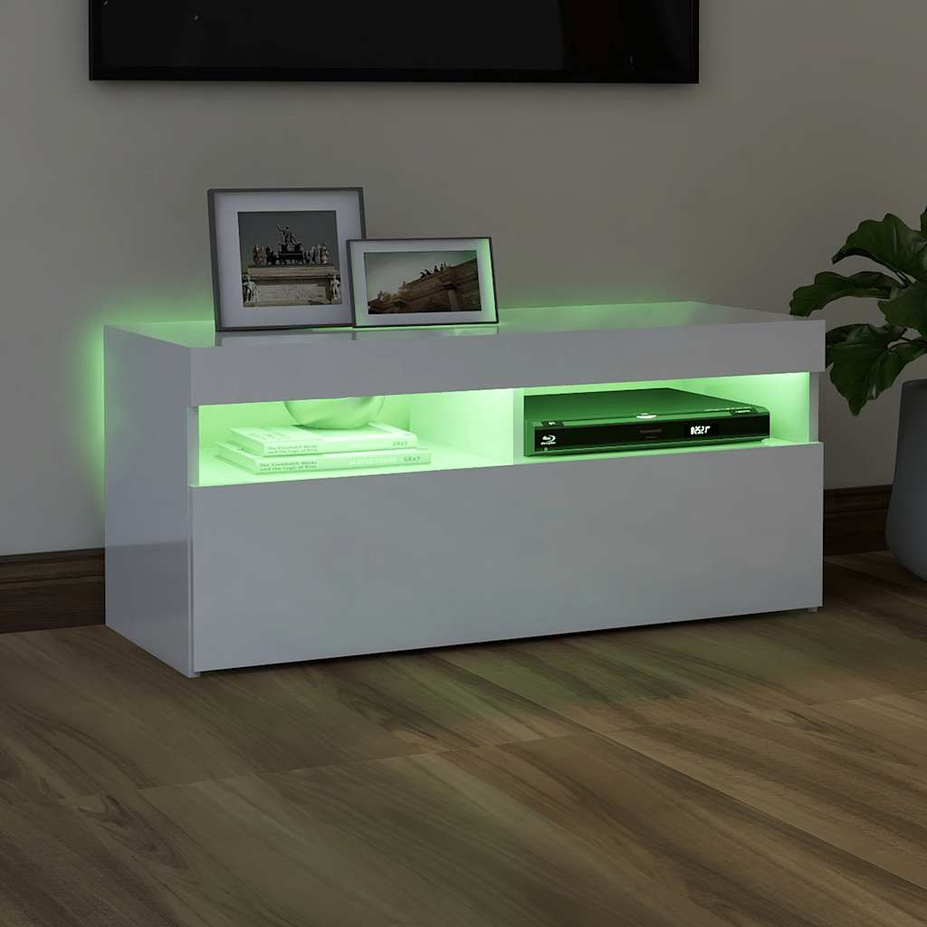 Meuble TV avec lumières LED blanc brillant 90x35x40 cm - XIOS