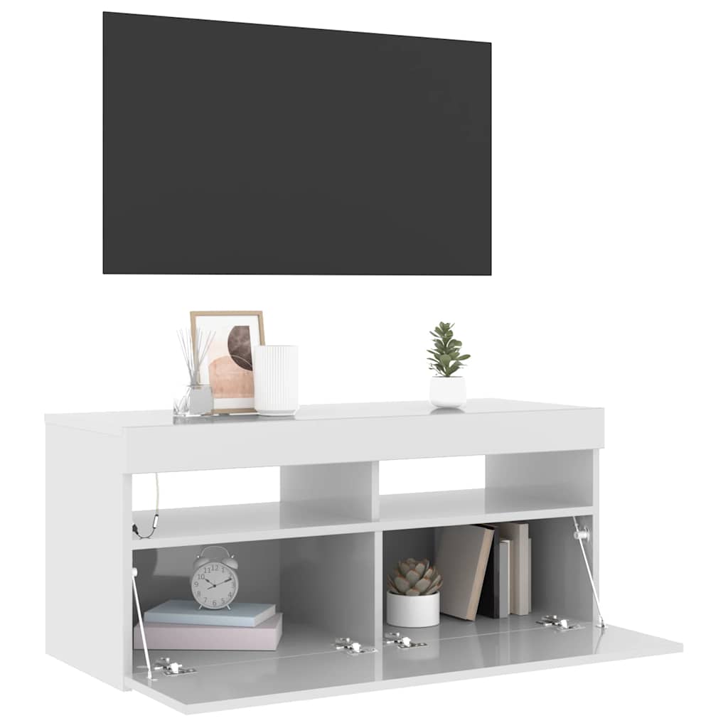 Meuble TV avec lumières LED blanc brillant 90x35x40 cm - XIOS